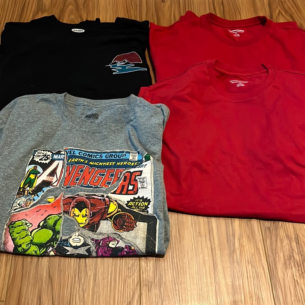 2 red plain shirts and 2 graphic shirts